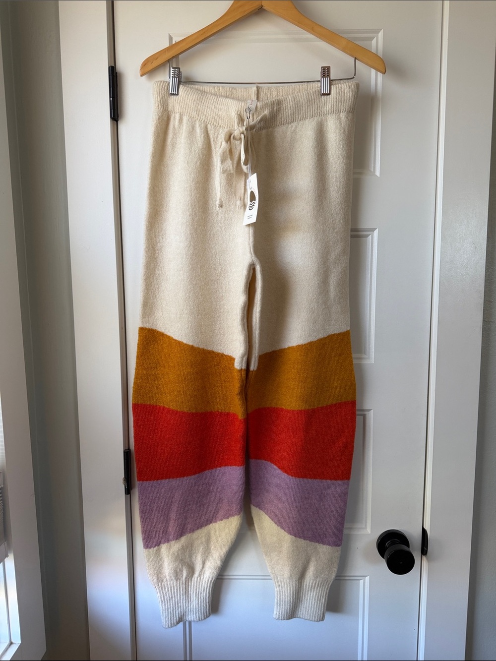 Anthropologie Cream Knit Joggers with Mustard, Red & Lavender Stripes